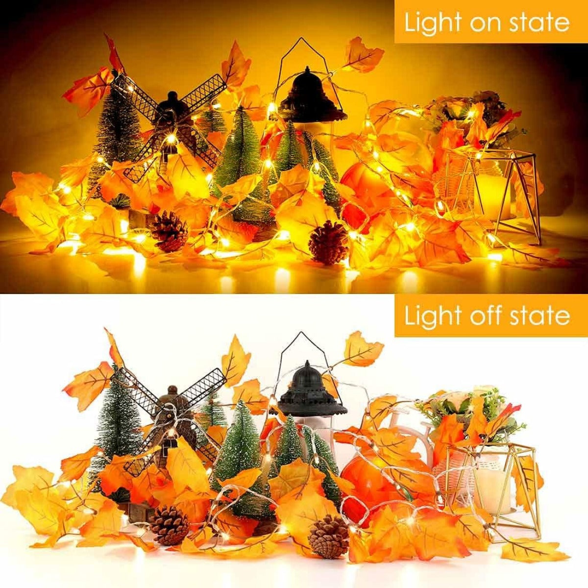 3-Pack Fall Garland Lights Thanksgiving, Christmas, and Halloween Decorations - 60 LED Lights, 20 Ft Waterproof Battery Powered.