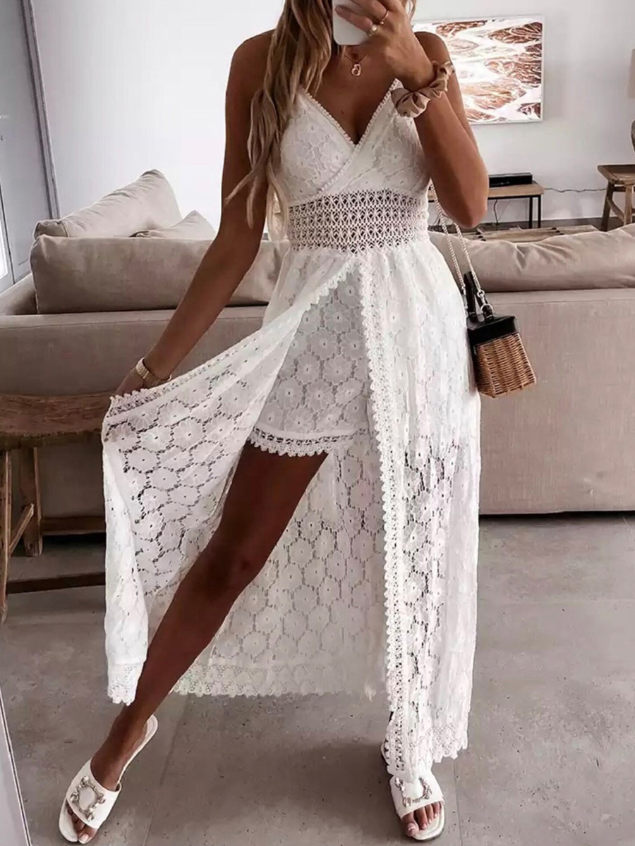 Enchanté Lace Delight: Summer V Neck Lace Hollow-Out Sleeveless Sling Rompers & Dress - Chic & Elegant High Waist Jumpsuit by BSIDEYOU