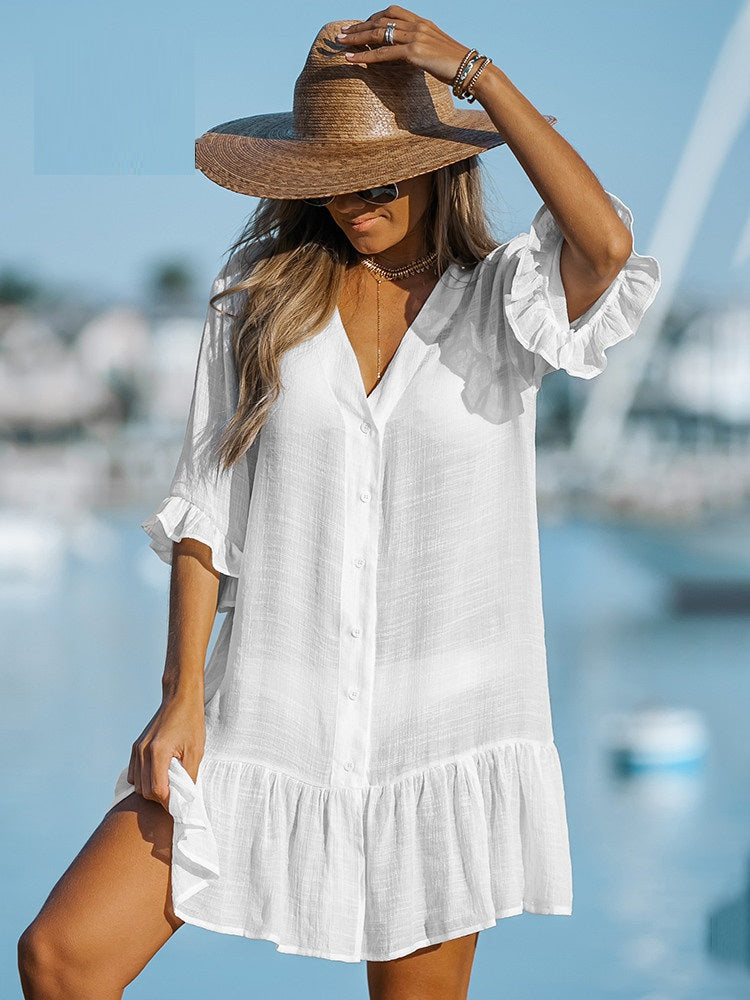 Summer Breeze Ruffled Long Sleeve Bikini Cover Up - Versatile Shirt Beach mini Dress Tunic Shirtdress
