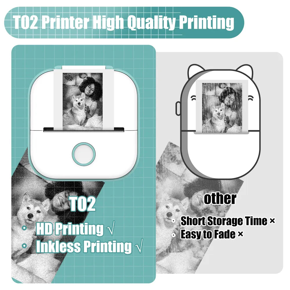 Mini Printer, Portable Printer, T02 Pocket Sticker, Receipt Printer, Mini Printer Sticker Maker Compatible with iOS & Android.