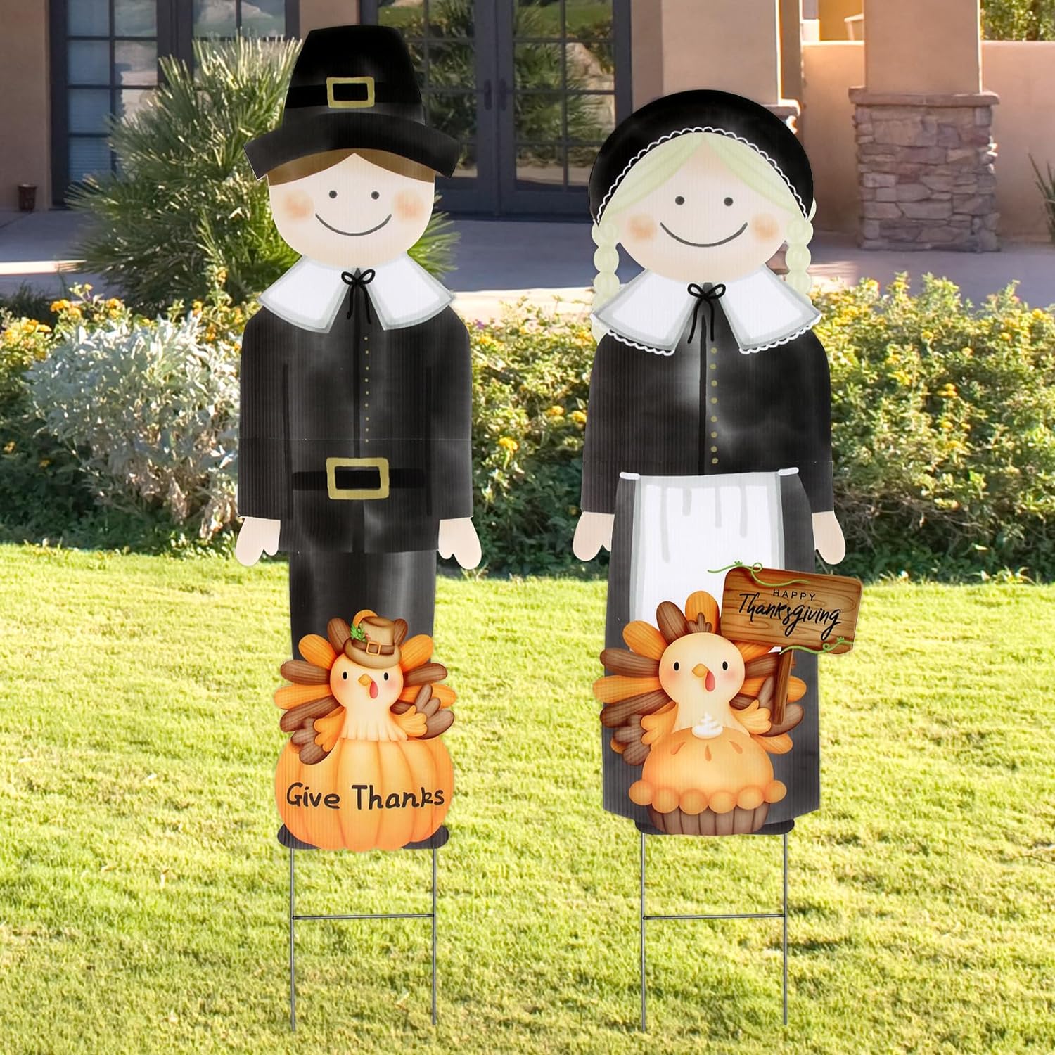 2 PCS Thanksgiving Pilgrim Yard Lawn Signs Large Happy Fall Autumn Harvest Welcome Sign Outdoor Decoration