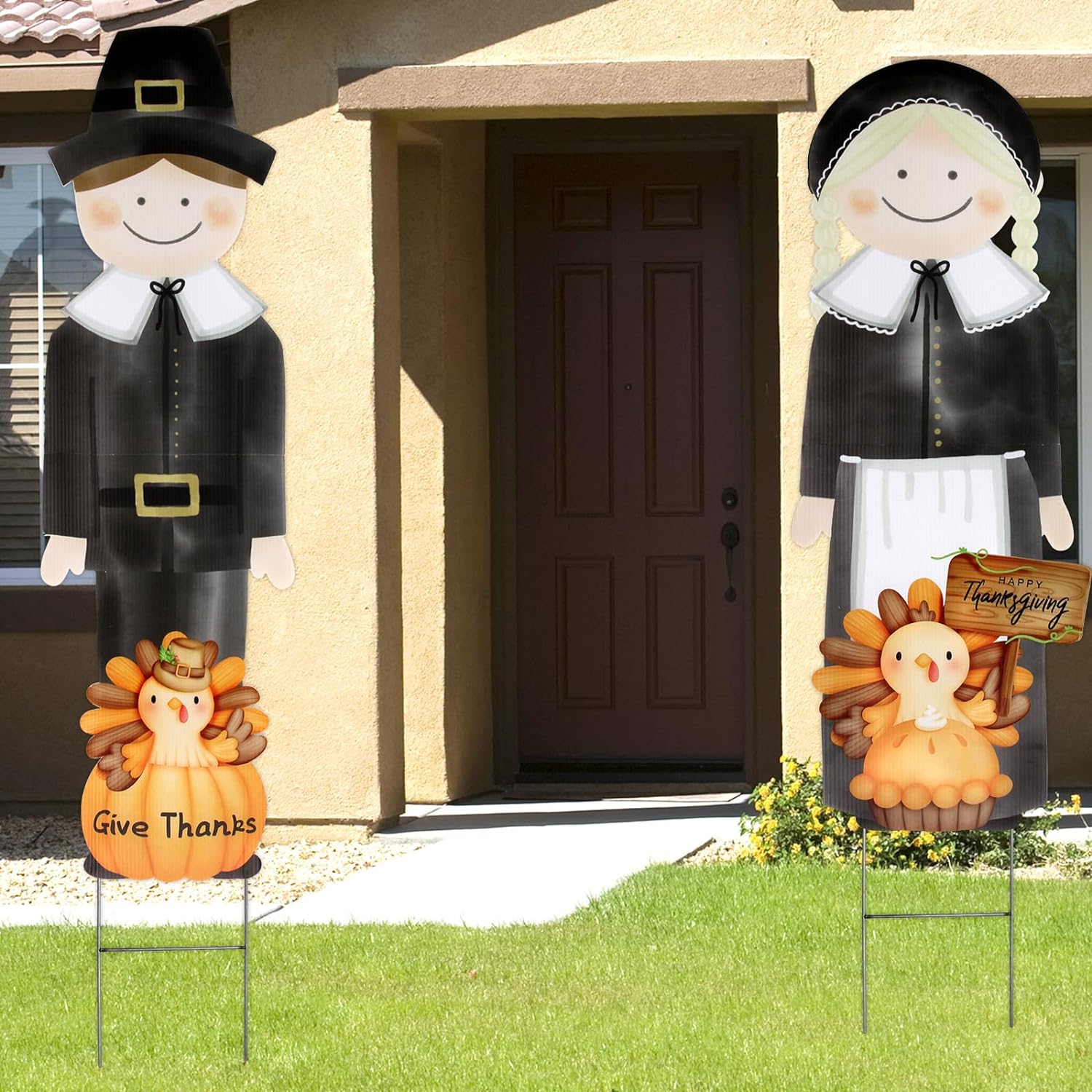 2 PCS Thanksgiving Pilgrim Yard Lawn Signs Large Happy Fall Autumn Harvest Welcome Sign Outdoor Decoration