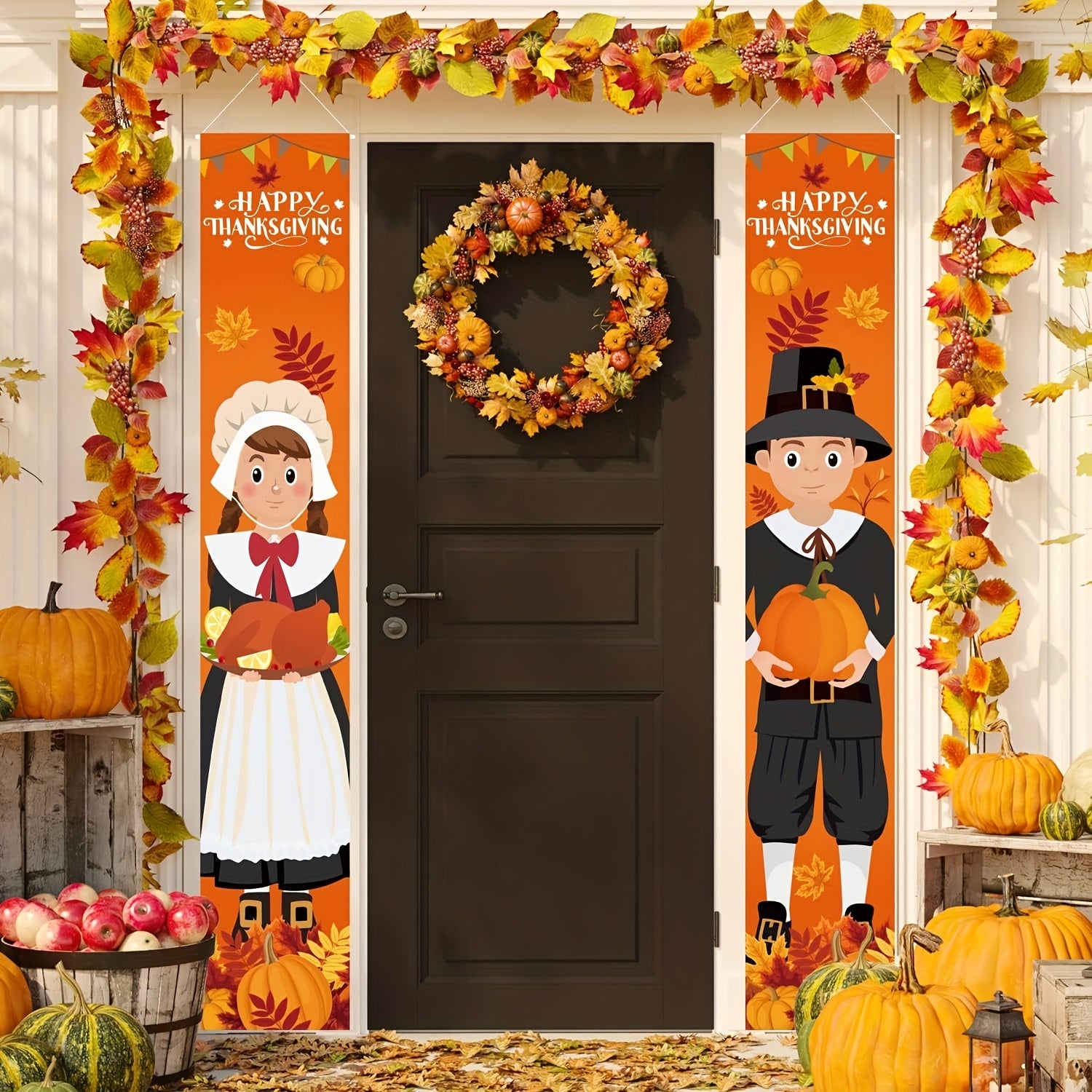 2 Pcs Thanksgiving Sign Fall Harvest Banner for Indoor Outdoor Home Party Decorations