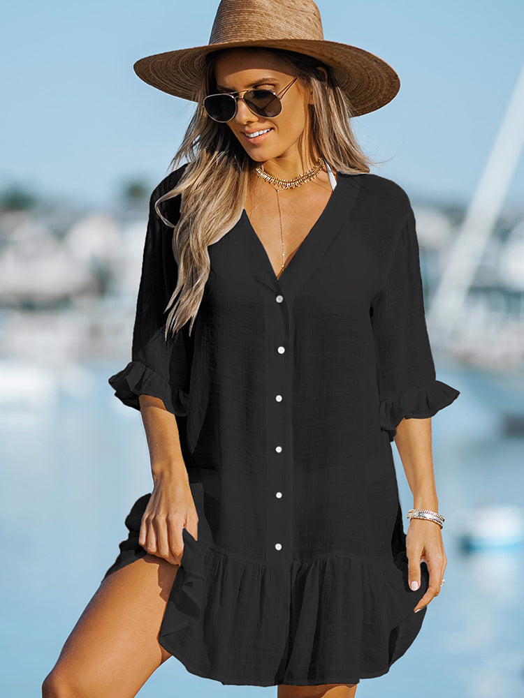 Summer Breeze Ruffled Long Sleeve Bikini Cover Up - Versatile Shirt Beach mini Dress Tunic Shirtdress