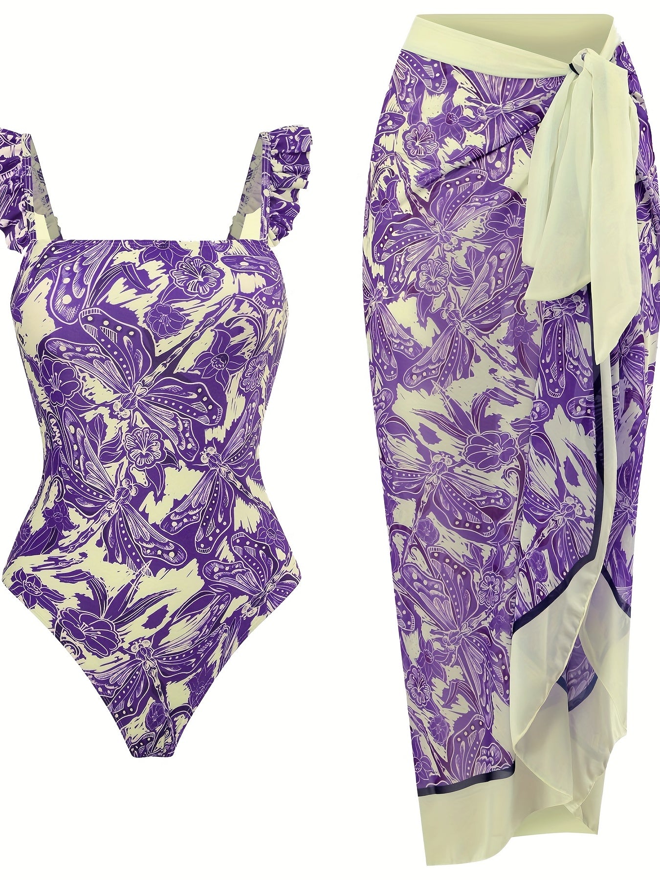 Women's Two-Piece  Swimsuit with Cover-Up, Sporlike Design, Tropical Print, Tummy Control, and Trendy monokini Bathing Suit