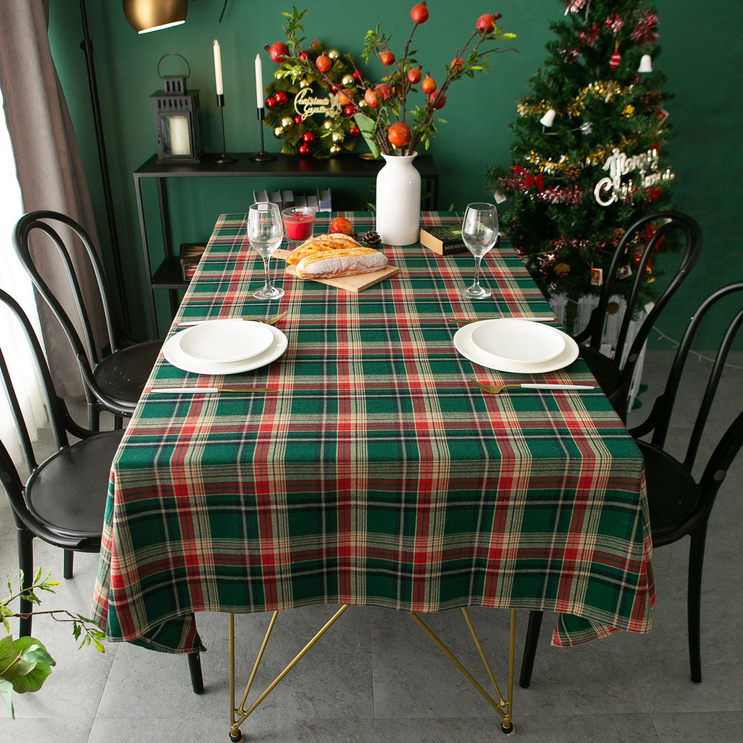 Retro Rectangle Plaid Christmas Green Tablecloth